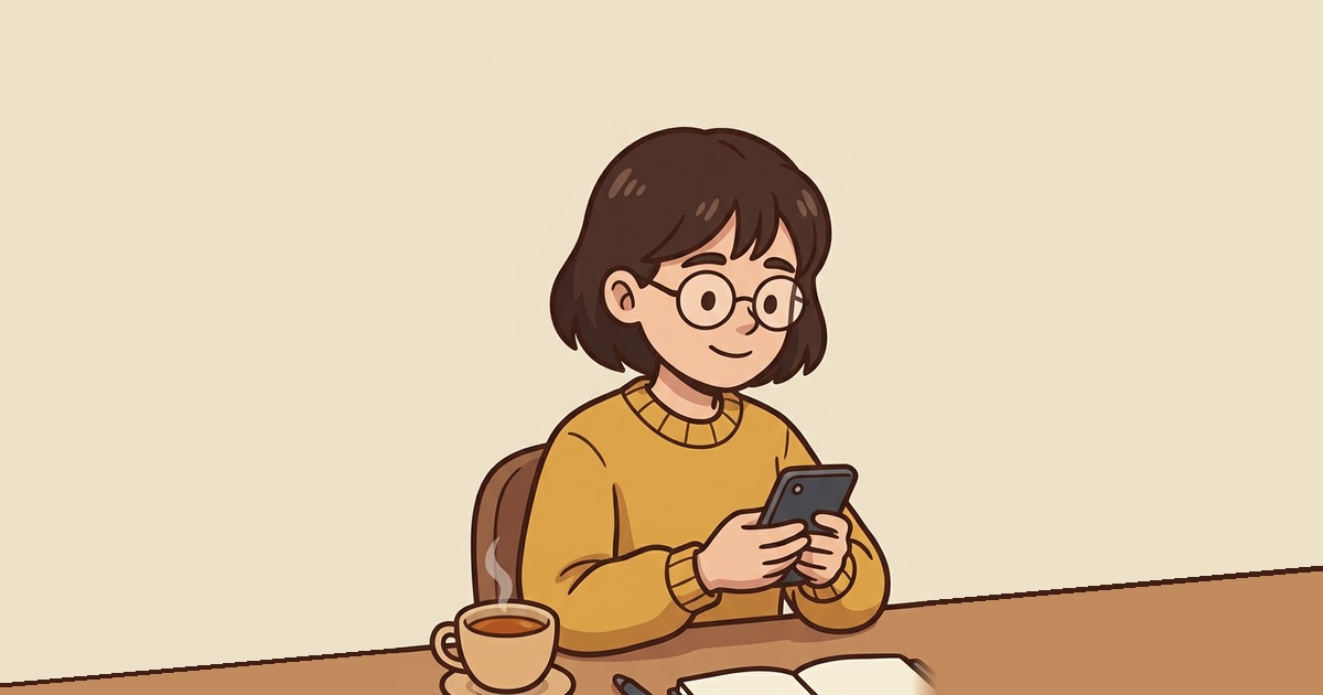 A girl in glasses and a yellow jumper sitting at a table with a cup of tea, typing a message on her phone