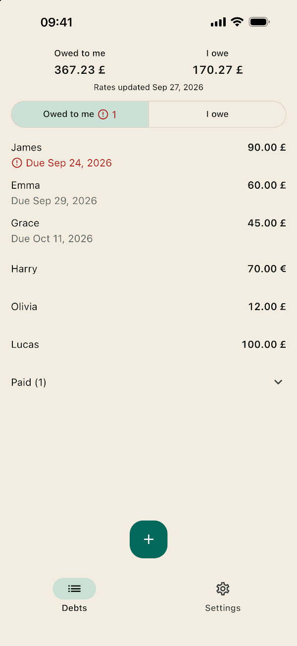 MoneyDue home screen: a list of debts, one overdue