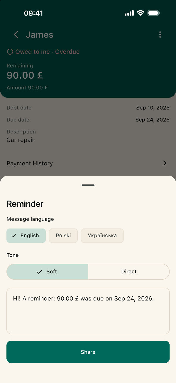 Reminder screen: a ready-made message in a soft tone